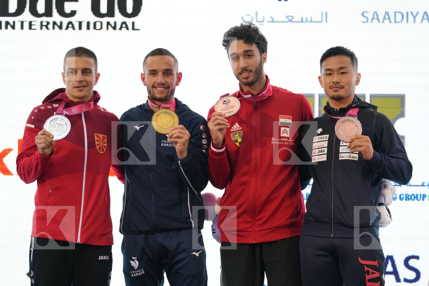 DACOSTA STEVEN (FRANCE), PAVLOV EMIL (NORTH MACEDONIA), ELSAWY ALI (EGYPT), NAKANO SOICHIRO (JAPAN) in Male Kumite -67 Kg - podium ceremony