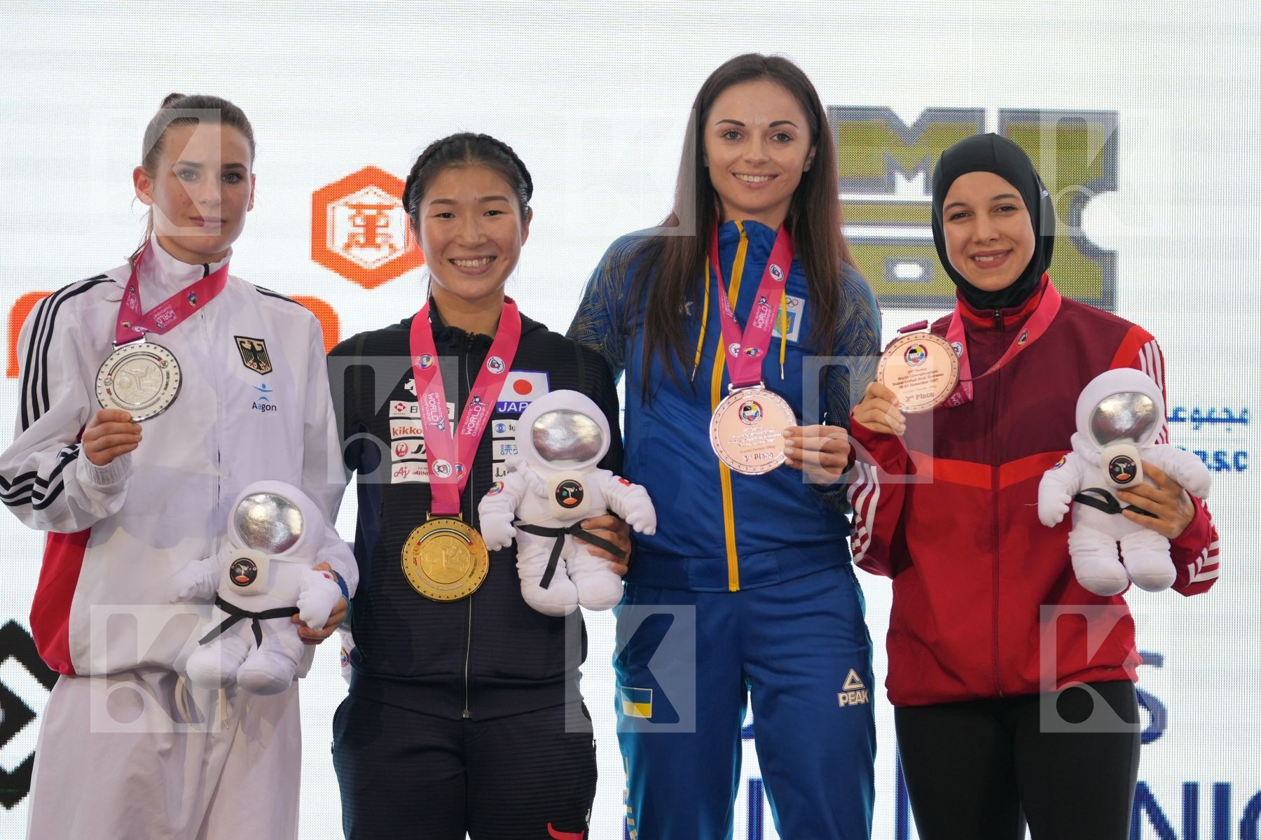 MIYAHARA MIHO (JAPAN), HUBRICH SHARA (GERMANY), KRYVA KATERYNA (UKRAINE), ELGEWILY YASMIN NASR (EGYPT) in Female Kumite -50 Kg - podium ceremony