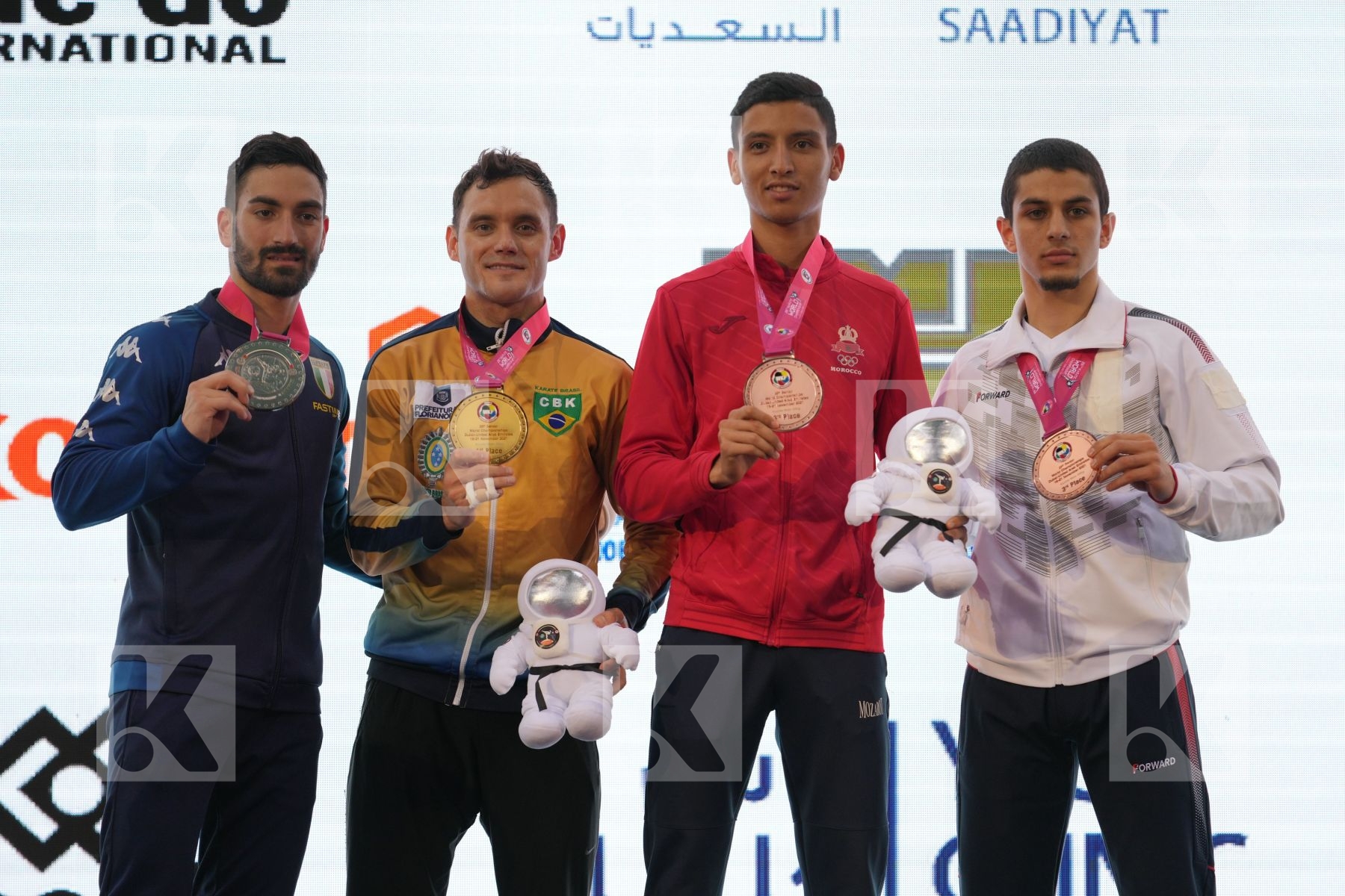 BROSE DOUGLAS (BRAZIL), CRESCENZO ANGELO (ITALY), JINA ABDEL ALI (MOROCCO), OGANNISIAN IURIK (RUSSIA) in Male Kumite -60 Kg - podium ceremony