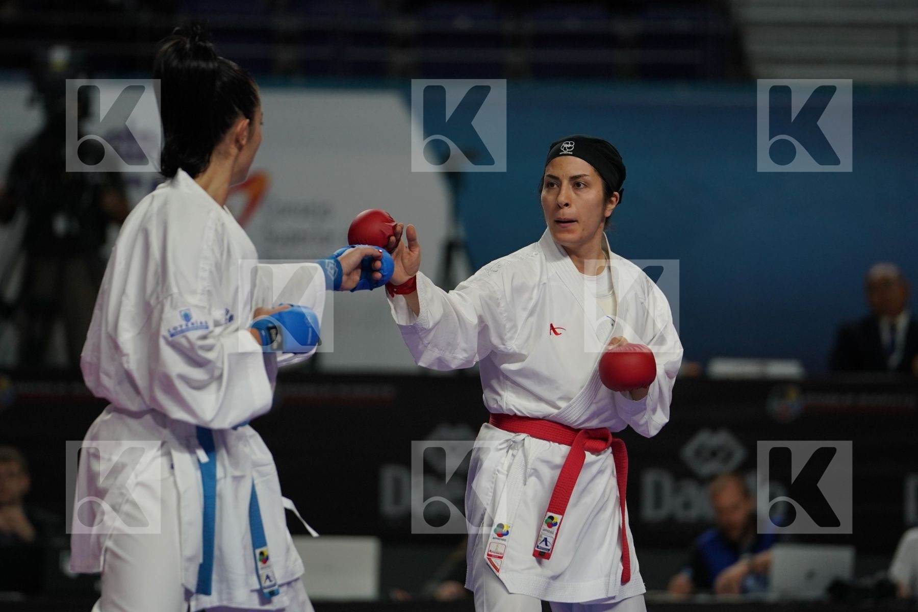 ISLAMIC REPUBLIC OF IRAN (ABBASLI, ALIPOURKESHKA, CHALAKI, ZANGENEH_KARKOOTI) vs Spain (FERRER_GARCIA, PALACIO_GONZALEZ, TORRES_GARCIA, VIZCAINO_GONZALEZ) in Senior Team Female Kumite - Bronze bout