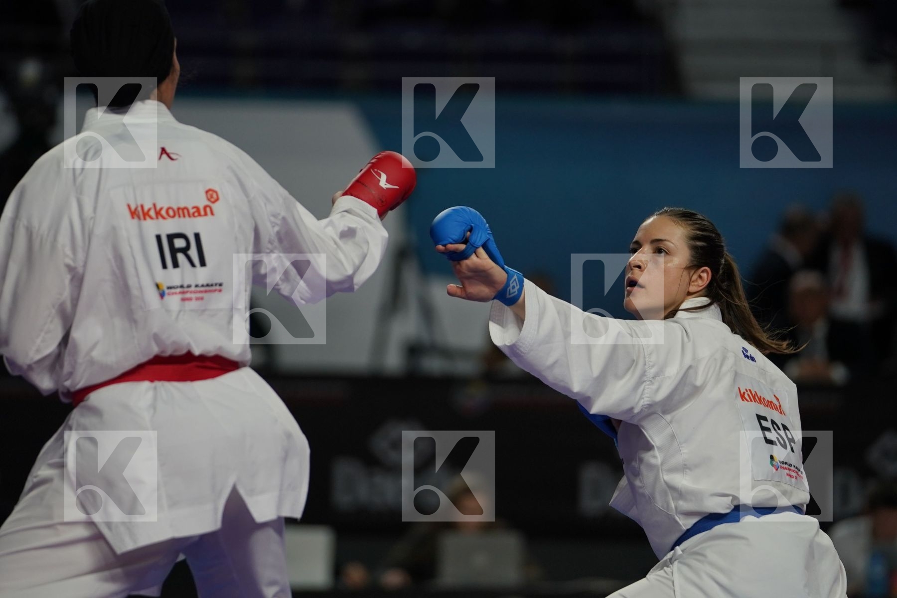 ISLAMIC REPUBLIC OF IRAN (ABBASLI, ALIPOURKESHKA, CHALAKI, ZANGENEH_KARKOOTI) vs Spain (FERRER_GARCIA, PALACIO_GONZALEZ, TORRES_GARCIA, VIZCAINO_GONZALEZ) in Senior Team Female Kumite - Bronze bout