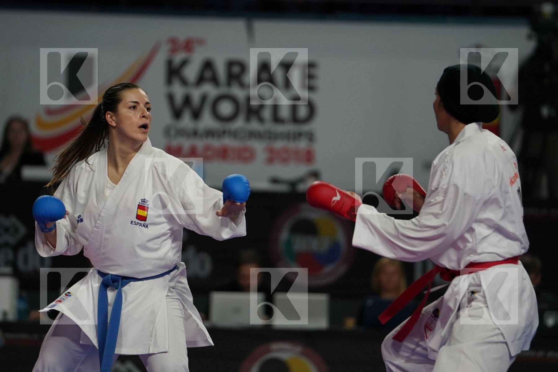 ISLAMIC REPUBLIC OF IRAN (ABBASLI, ALIPOURKESHKA, CHALAKI, ZANGENEH_KARKOOTI) vs Spain (FERRER_GARCIA, PALACIO_GONZALEZ, TORRES_GARCIA, VIZCAINO_GONZALEZ) in Senior Team Female Kumite - Bronze bout