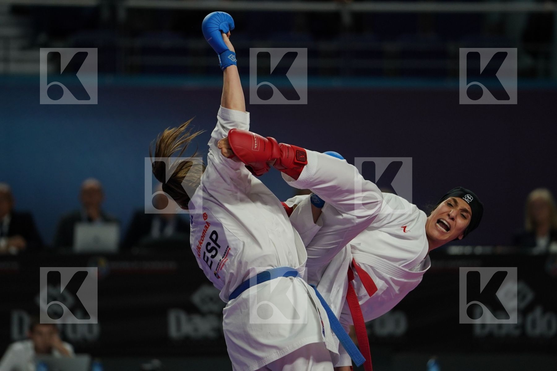 ISLAMIC REPUBLIC OF IRAN (ABBASLI, ALIPOURKESHKA, CHALAKI, ZANGENEH_KARKOOTI) vs Spain (FERRER_GARCIA, PALACIO_GONZALEZ, TORRES_GARCIA, VIZCAINO_GONZALEZ) in Senior Team Female Kumite - Bronze bout