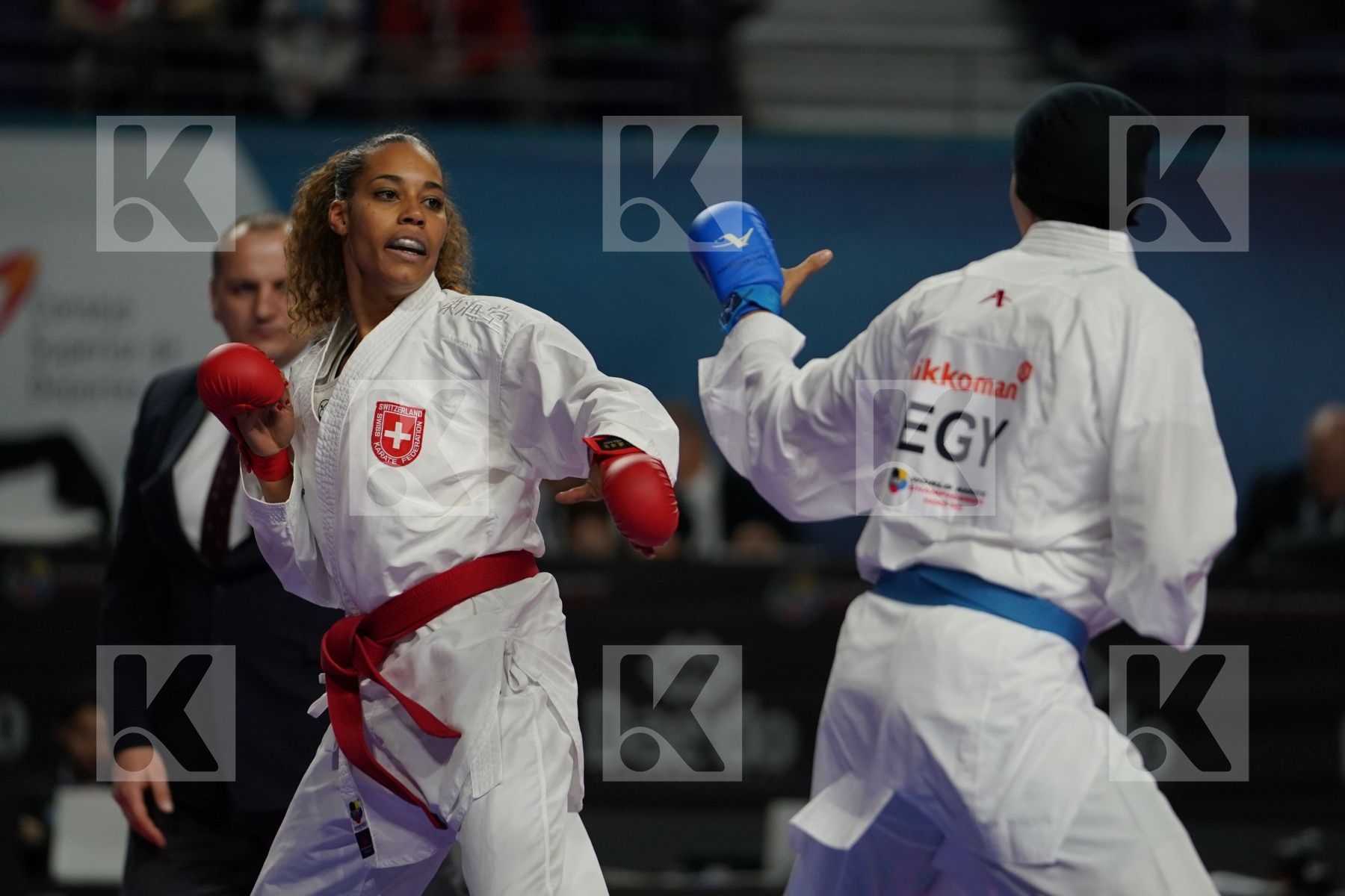 Switzerland (BRUEDERLIN, KORNFELD, QUIRICI, RADJENOVIC) vs EGYPT (ABDELAZIZ, ABOUEL_YAZED, AHMED, LOTFY) in Senior Team Female Kata - Bronze bout