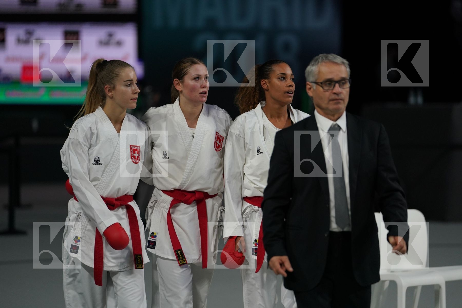 Switzerland (BRUEDERLIN, KORNFELD, QUIRICI, RADJENOVIC) vs EGYPT (ABDELAZIZ, ABOUEL_YAZED, AHMED, LOTFY) in Senior Team Female Kata - Bronze bout