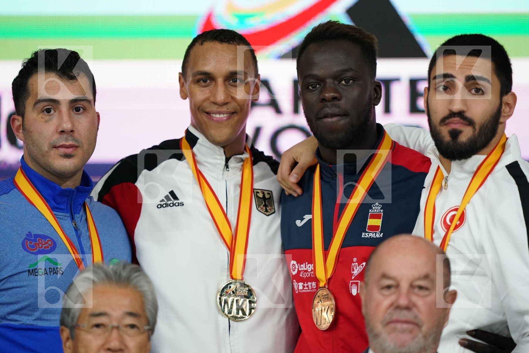 BABACAR SECK SAKHO (SPAIN), SAJAD GANJZADEH (ISLAMIC REPUBLIC OF IRAN), ALPARSLAN YAMANOGLU (TURKEY) in Senior Kumite 84+ Kg - Podium ceremony