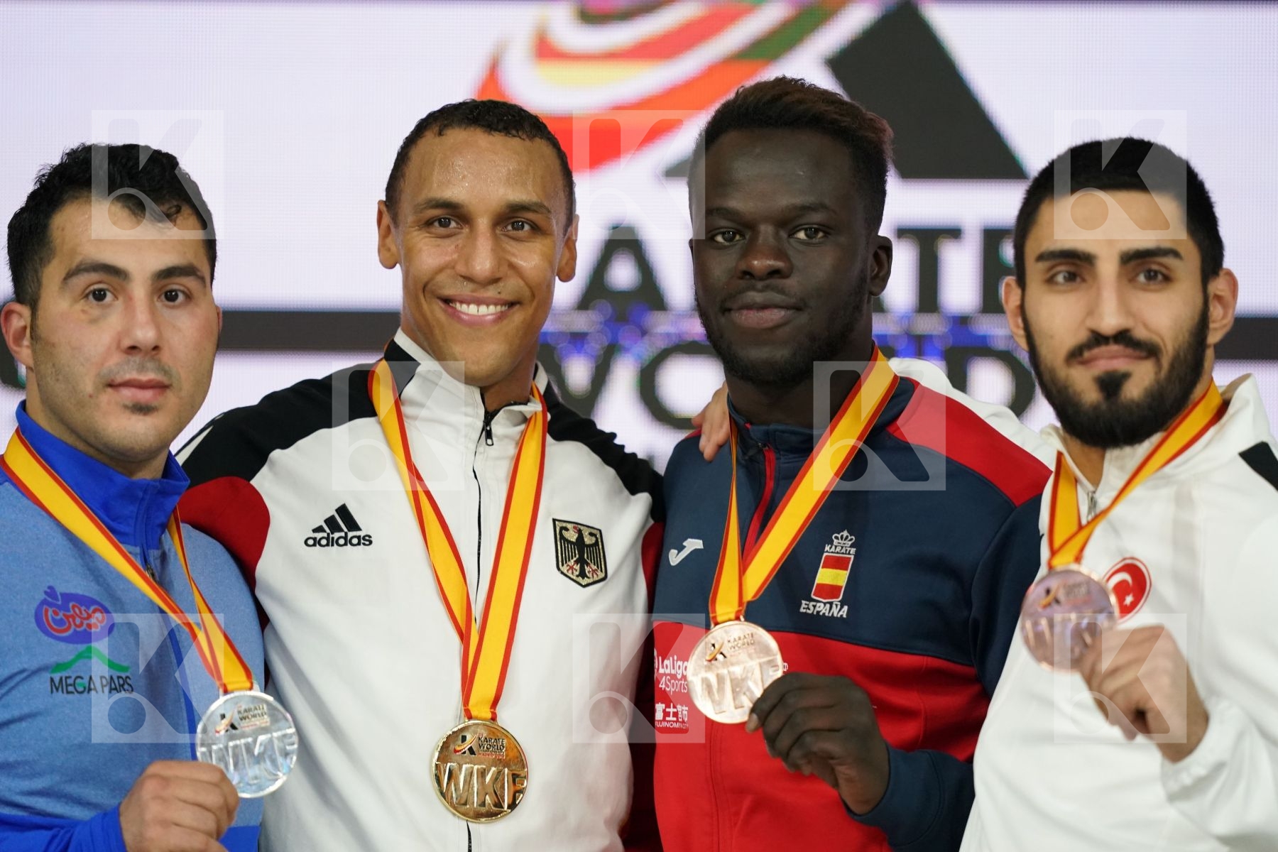 BABACAR SECK SAKHO (SPAIN), SAJAD GANJZADEH (ISLAMIC REPUBLIC OF IRAN), ALPARSLAN YAMANOGLU (TURKEY) in Senior Kumite 84+ Kg - Podium ceremony