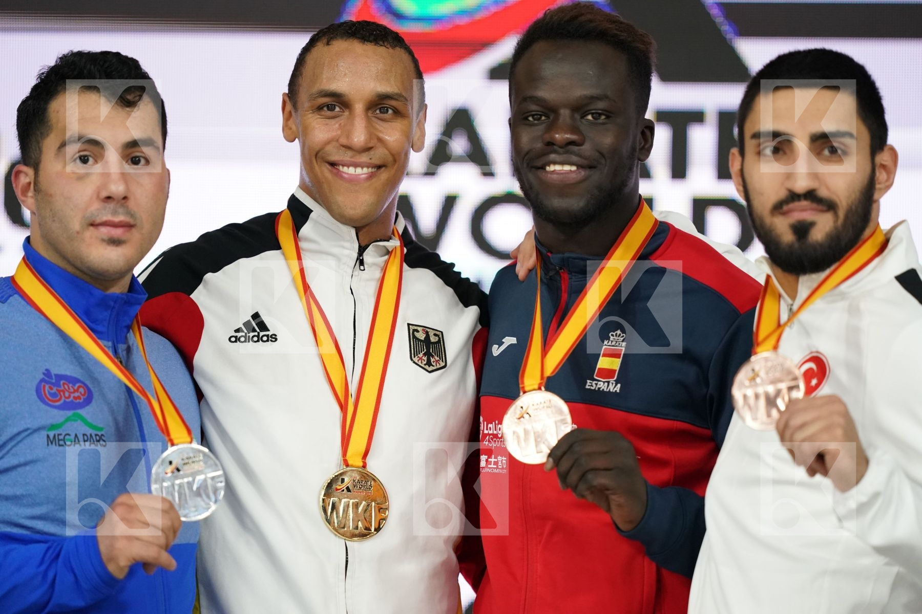 BABACAR SECK SAKHO (SPAIN), SAJAD GANJZADEH (ISLAMIC REPUBLIC OF IRAN), ALPARSLAN YAMANOGLU (TURKEY) in Senior Kumite 84+ Kg - Podium ceremony