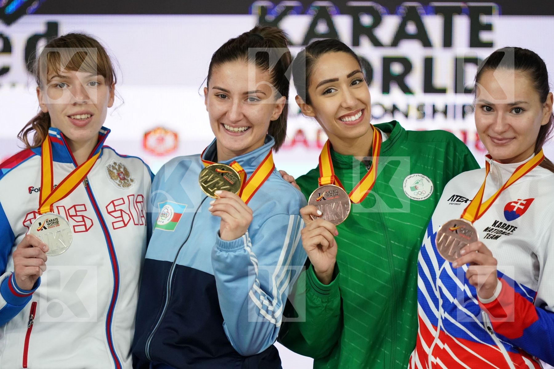 IRINA ZARETSKA (AZERBAIJAN), VICTORIA  ISAEVA  (RUSSIAN FEDERATION), MIROSLAVA KOPUNOVA (SLOVAKIA), LAMYA MATOUB (ALGERIA) in Senior Kumite -67 Kg - Podium ceremony