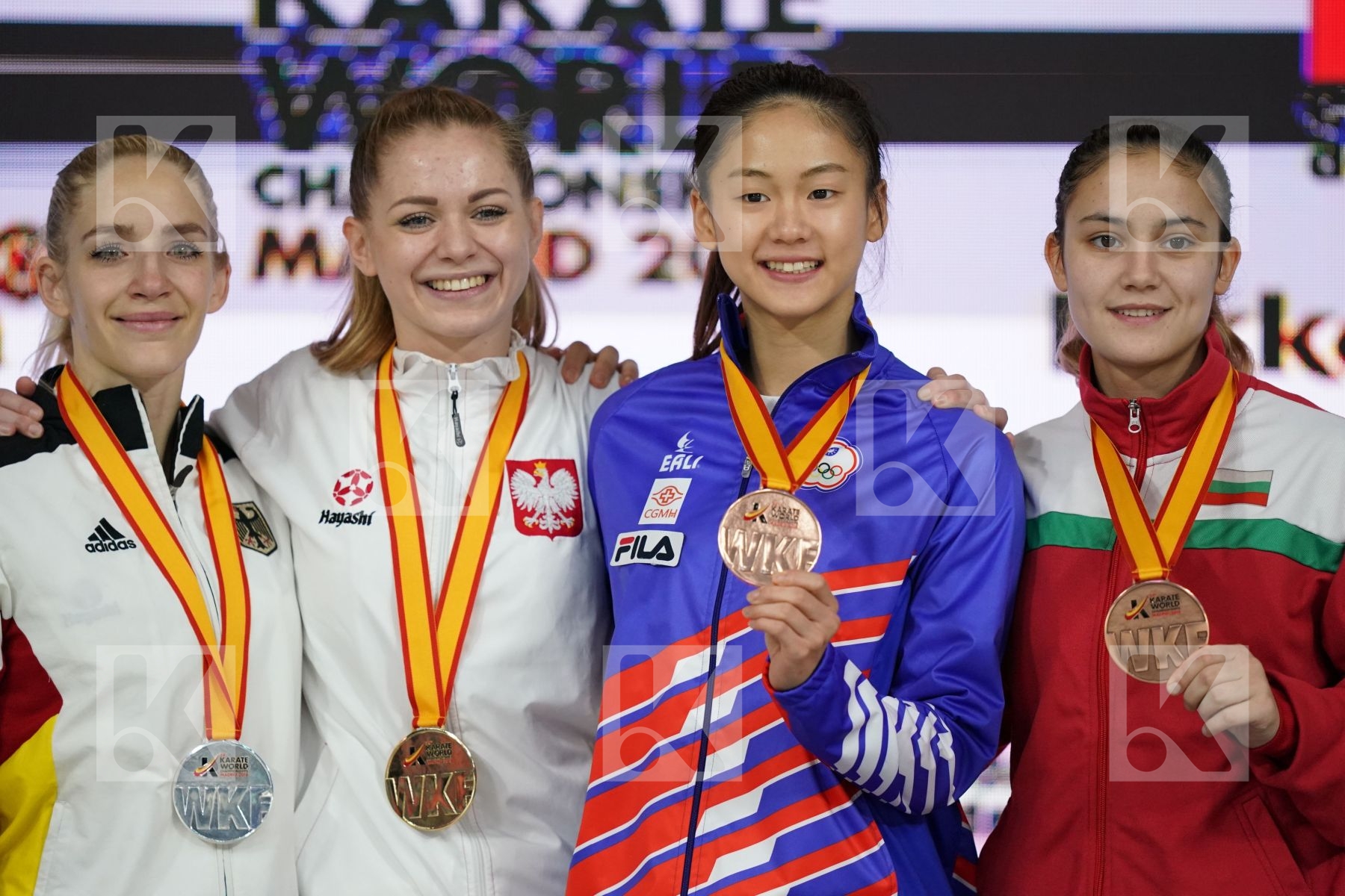 DOROTA BANASZCZYK (POLAND), JANA BITSCH (GERMANY), IVET GORANOVA (BULGARIA), TZU-YUN WEN (CHINESE TAIPEI) in Senior Kumite -55 Kg - Podium ceremony