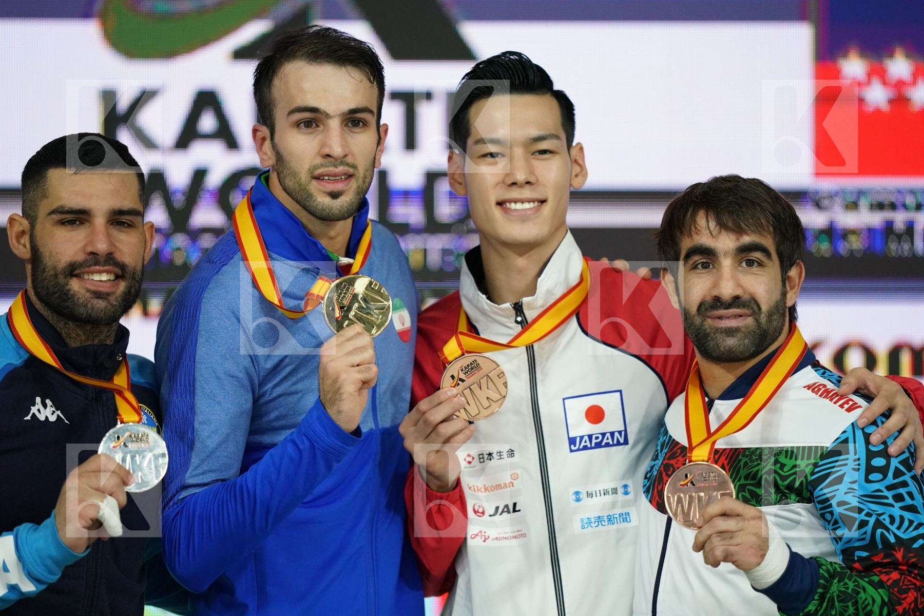 LUIGI BUSA (ITALY), BAHMAN ASGARI GHONCHEH (ISLAMIC REPUBLIC OF IRAN), KEN NISHIMURA (JAPAN), RAFAEL AGHAYEV (AZERBAIJAN) in Senior Kumite Ð 75 Kg - Podium ceremony