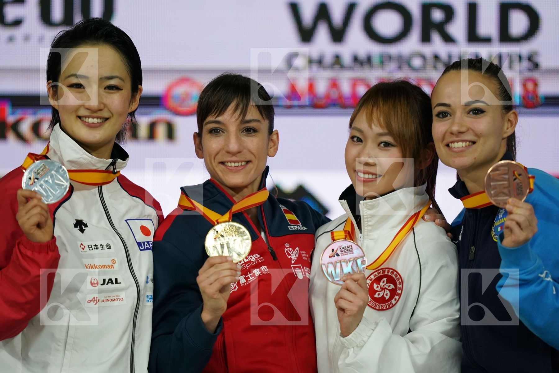 KIYOU SHIMIZU (JAPAN), SANDRA SANCHEZ JAIME (SPAIN), MO SHEUNG GRACE LAU (HONG KONG, CHINA), VIVIANA BOTTARO (ITALY) in Senior Female Kata - Podium ceremony