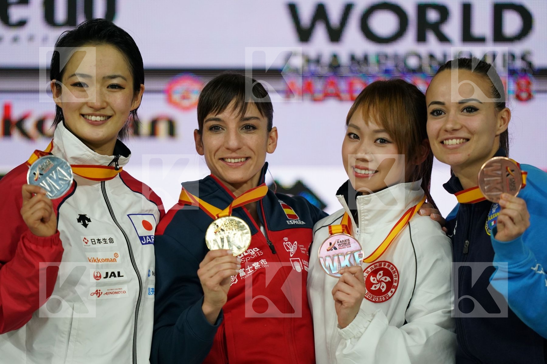 KIYOU SHIMIZU (JAPAN), SANDRA SANCHEZ JAIME (SPAIN), MO SHEUNG GRACE LAU (HONG KONG, CHINA), VIVIANA BOTTARO (ITALY) in Senior Female Kata - Podium ceremony
