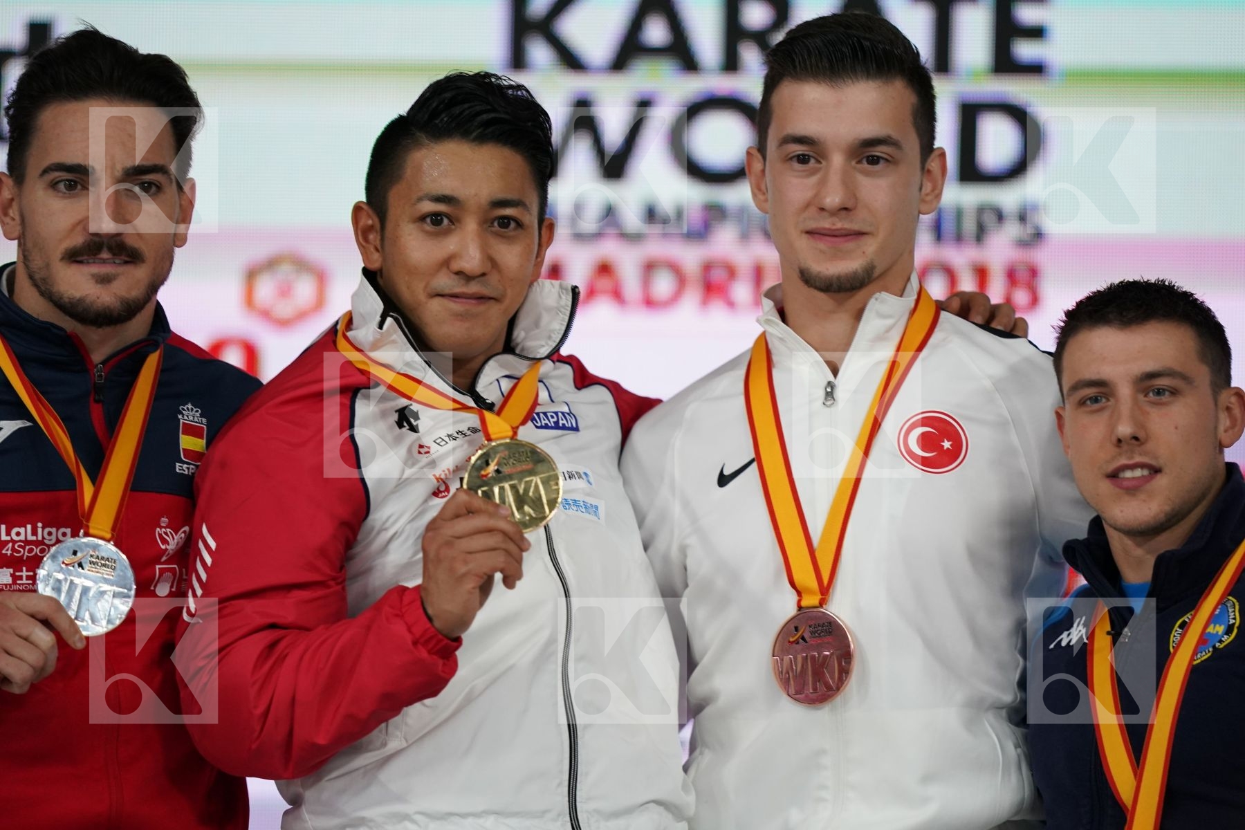 DAMIAN HUGO QUINTERO CAPDEVILA (SPAIN), RYO KIYUNA (JAPAN), ALI SOFUOGLU (TURKEY), MATTIA BUSATO (ITALY) in Senior Male Kata - Podium ceremony