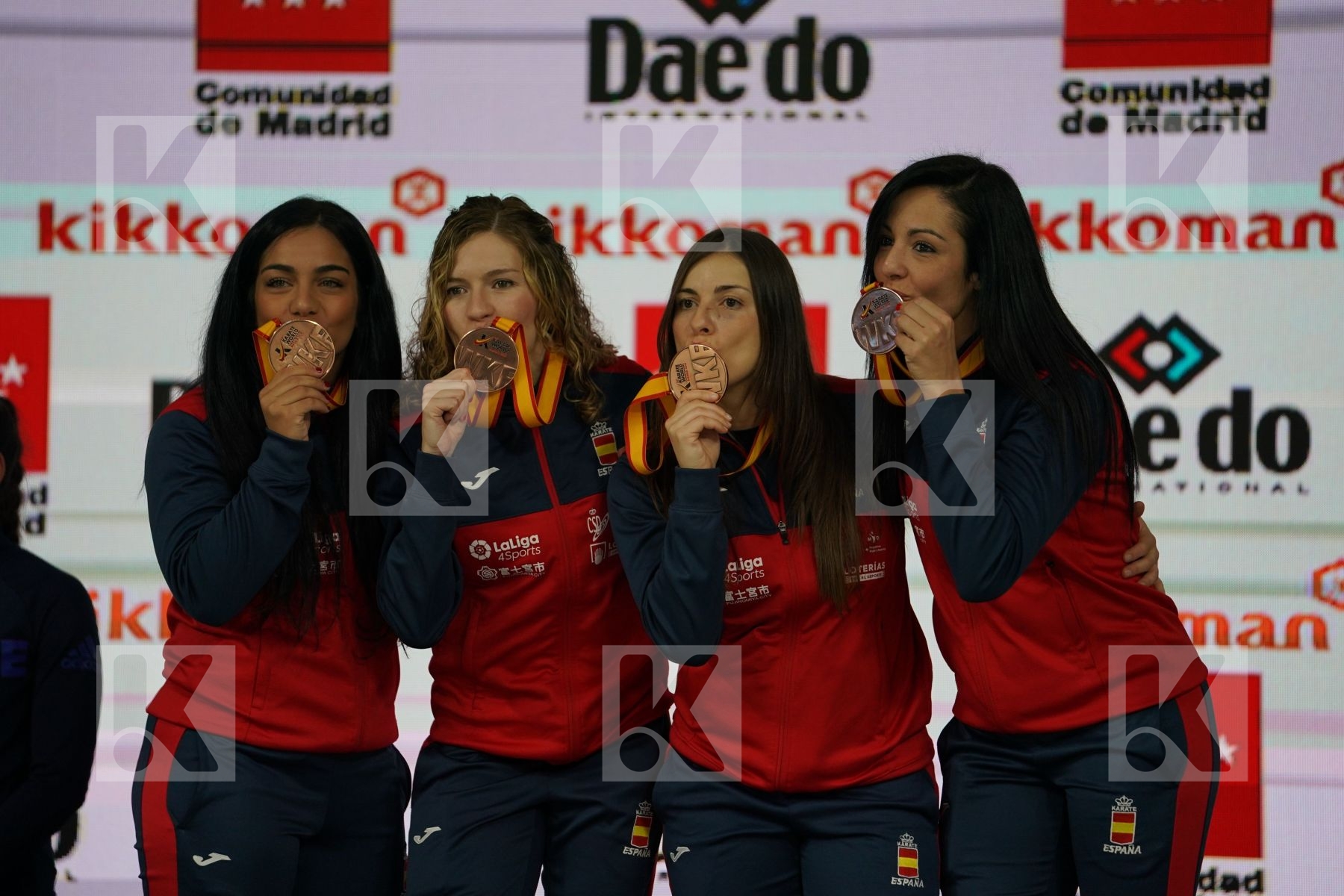 Spain (FERRER GARCIA, PALACIO GONZALEZ, TORRES GARCIA, VIZCAINO GONZALEZ) in Senior Team Female Kumite - Podium ceremony
