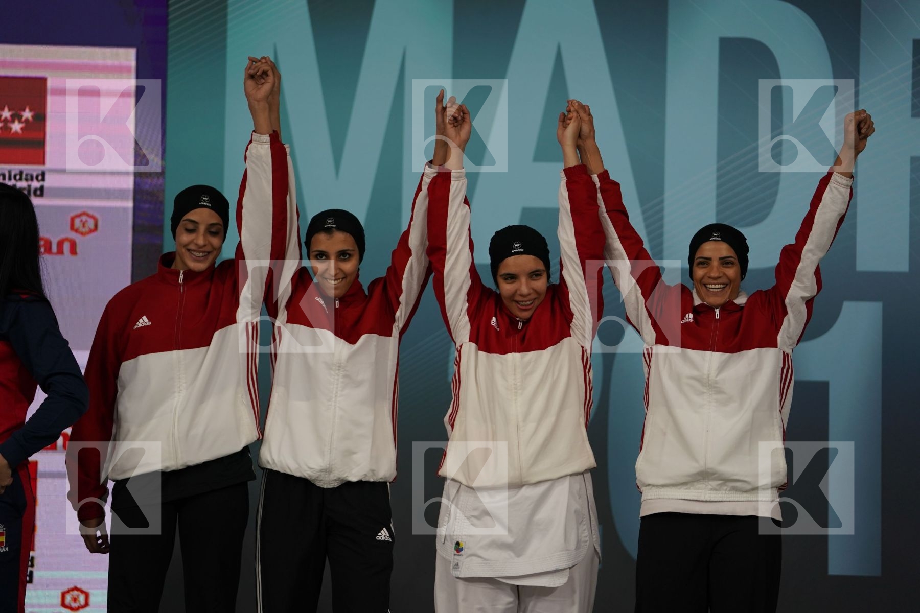 EGYPT (ABDELAZIZ, ABOUEL YAZED, AHMED, LOTFY) in Senior Team Female Kumite - Podium ceremony