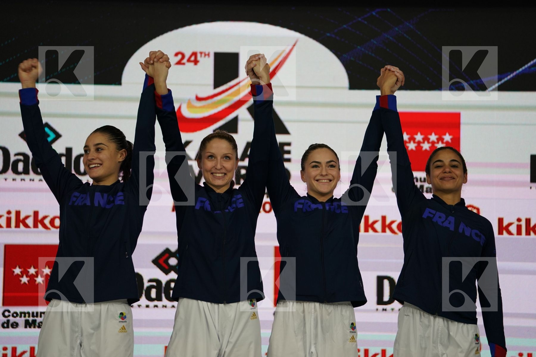 France (AVAZERI, BRITO, HEURTAULT, SIVERT) in Senior Team Female Kumite - Podium ceremony