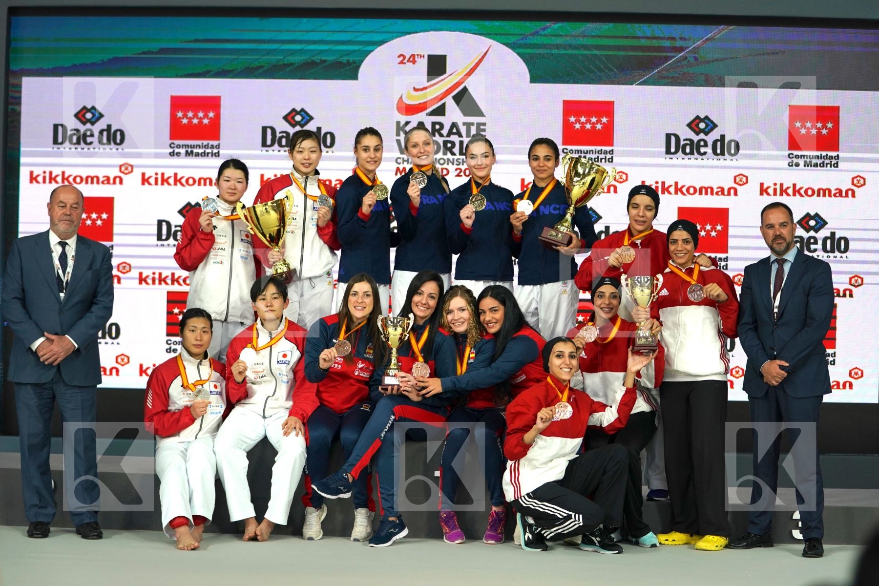 France (AVAZERI, BRITO, HEURTAULT, SIVERT), Japan (KAWAMURA, SAITO, SOMEYA, UEKUSA), Spain (FERRER GARCIA, PALACIO GONZALEZ, TORRES GARCIA, VIZCAINO GONZALEZ), EGYPT (ABDELAZIZ, ABOUEL YAZED, AHMED, LOTFY) in Senior Team Female Kumite - Podium ceremony