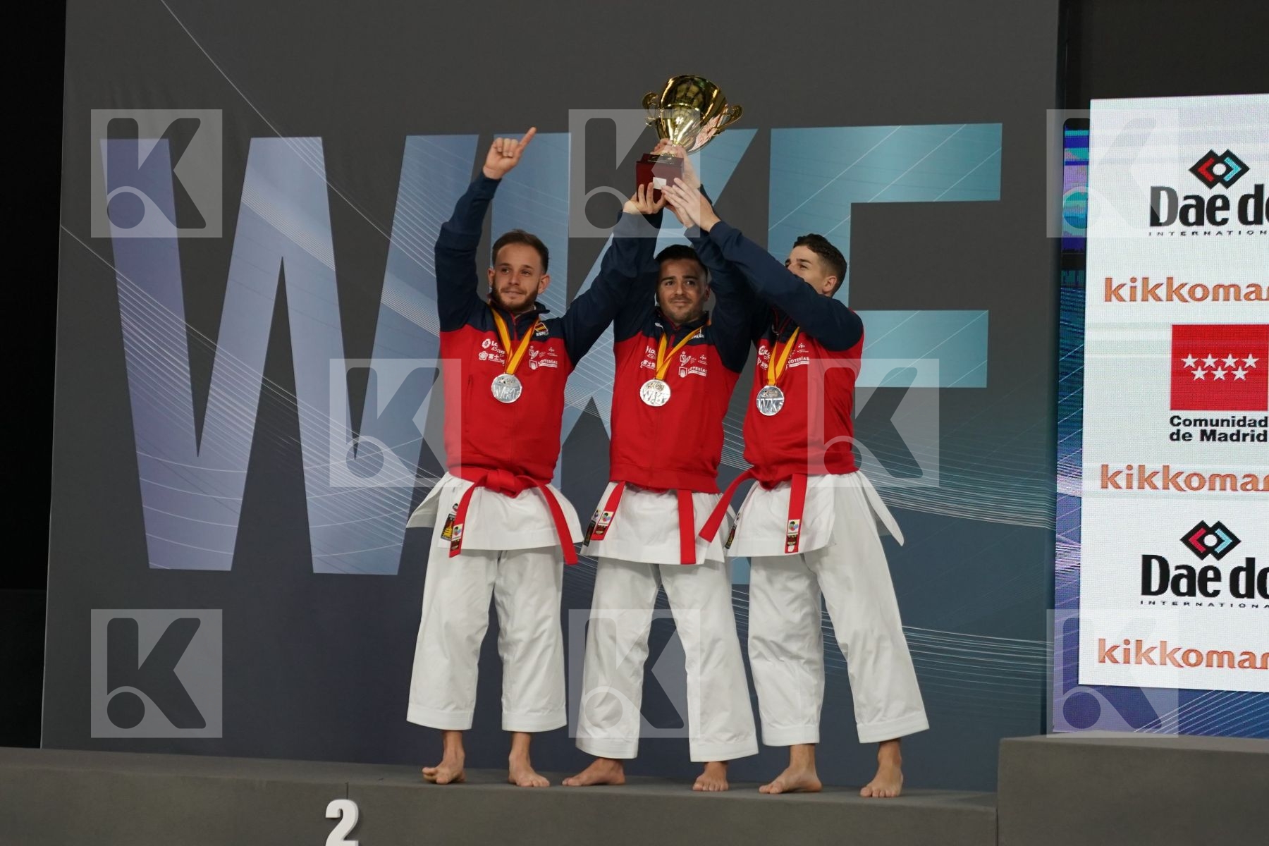 SPAIN (CARBONELL LOPEZ, GALAN LOPEZ, SALAZAR JOVER) in Senior Team Male Kata - Podium ceremony