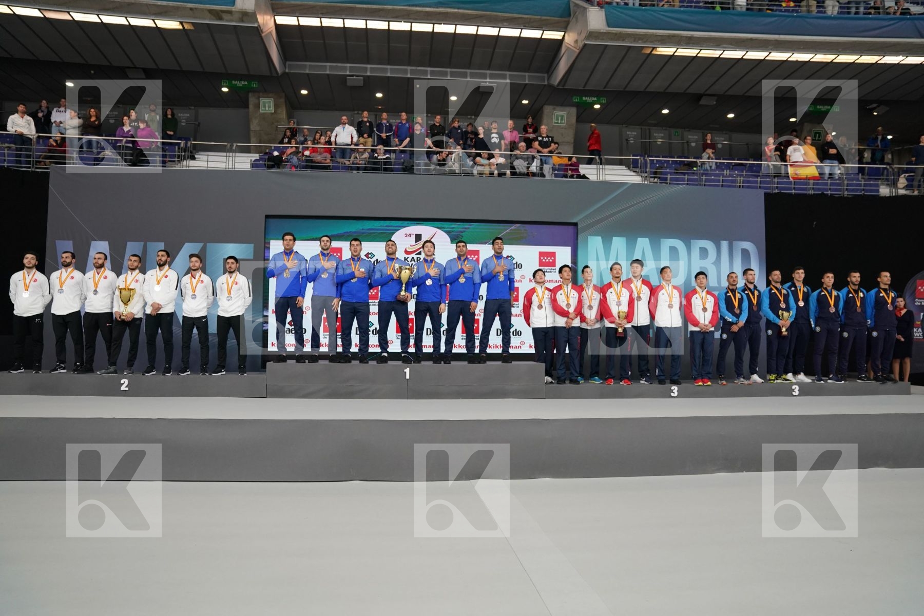 TURKEY (AKTAS, ELTEMUR, GOK, KAPTAN, OZER, UYGUR, YAMANOGLU), IRAN (ABAZARI, ASGARI GHONCHEH, ASIABARI, GANJZADEH, HEYDARI, KHODABAKHSHI, POORSHAB), JAPAN (ANDO, ARAGA, KAGAWA, MORI, NISHIMURA, SAKIYAMA, SHIMADA), ITALY (EL SHARABY, JENDOUBI, MAESTRI, MARESCA, MARINO, MARTINA, MINARDI) in Senior Team Male Kumite - Podium ceremony