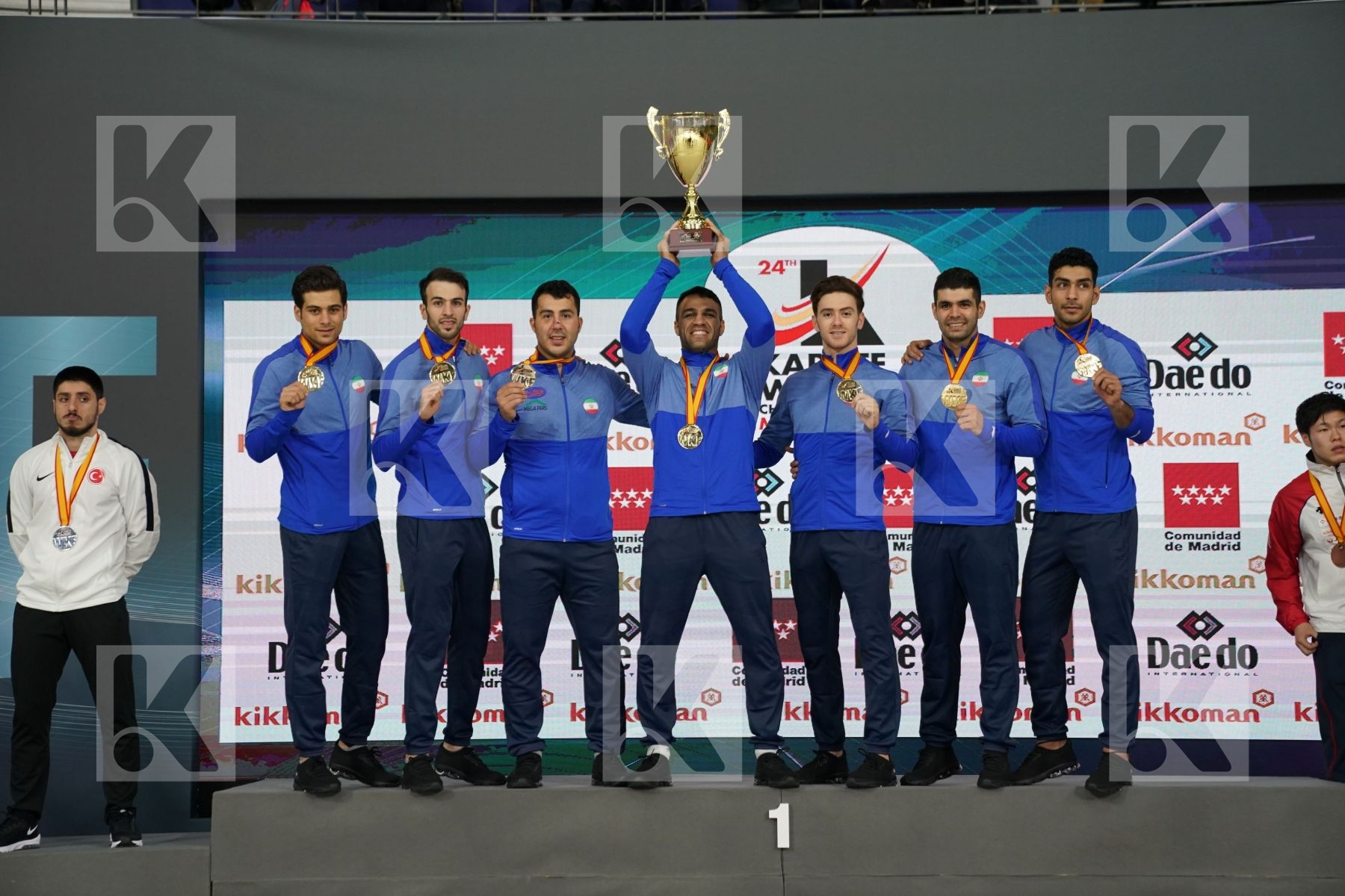 IRAN (ABAZARI, ASGARI GHONCHEH, ASIABARI, GANJZADEH, HEYDARI, KHODABAKHSHI, POORSHAB) in Senior Team Male Kumite - Podium ceremony