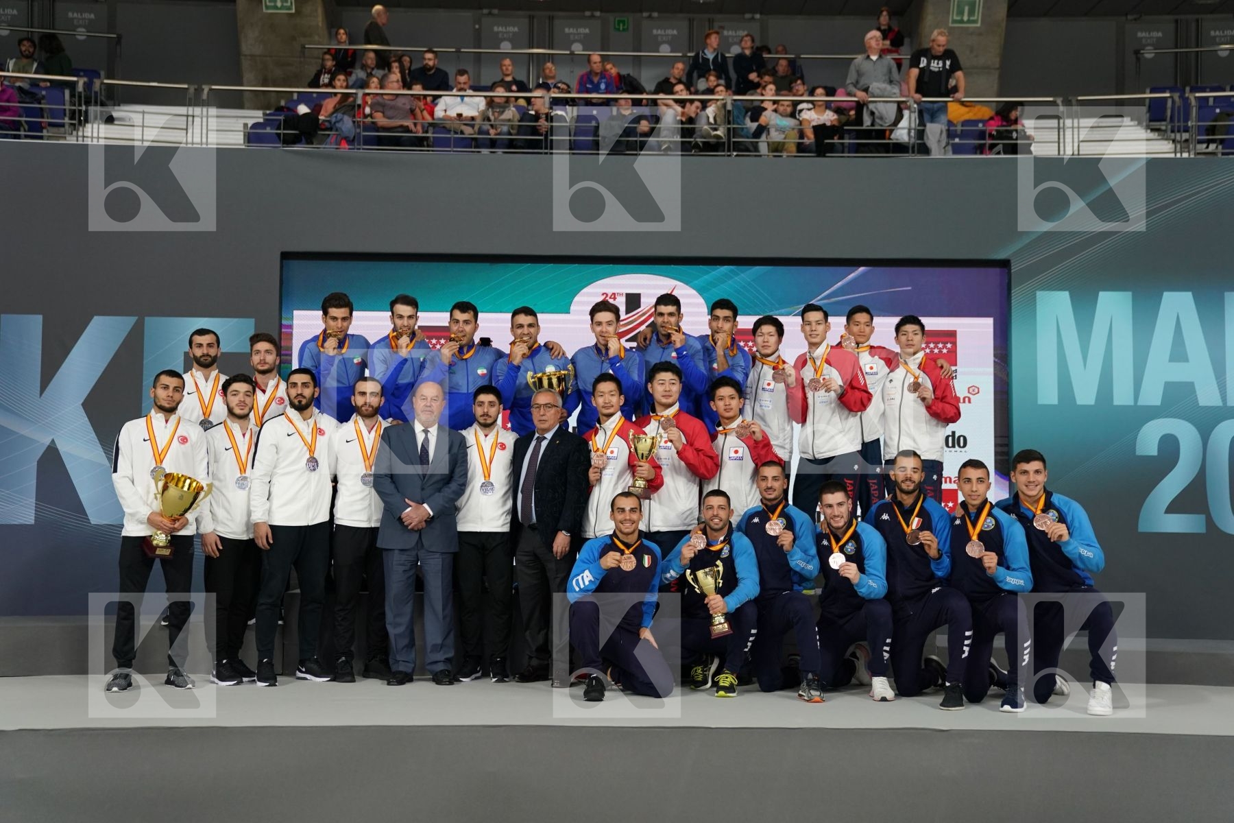 TURKEY (AKTAS, ELTEMUR, GOK, KAPTAN, OZER, UYGUR, YAMANOGLU), IRAN (ABAZARI, ASGARI GHONCHEH, ASIABARI, GANJZADEH, HEYDARI, KHODABAKHSHI, POORSHAB), JAPAN (ANDO, ARAGA, KAGAWA, MORI, NISHIMURA, SAKIYAMA, SHIMADA), ITALY (EL SHARABY, JENDOUBI, MAESTRI, MARESCA, MARINO, MARTINA, MINARDI) in Senior Team Male Kumite - Podium ceremony