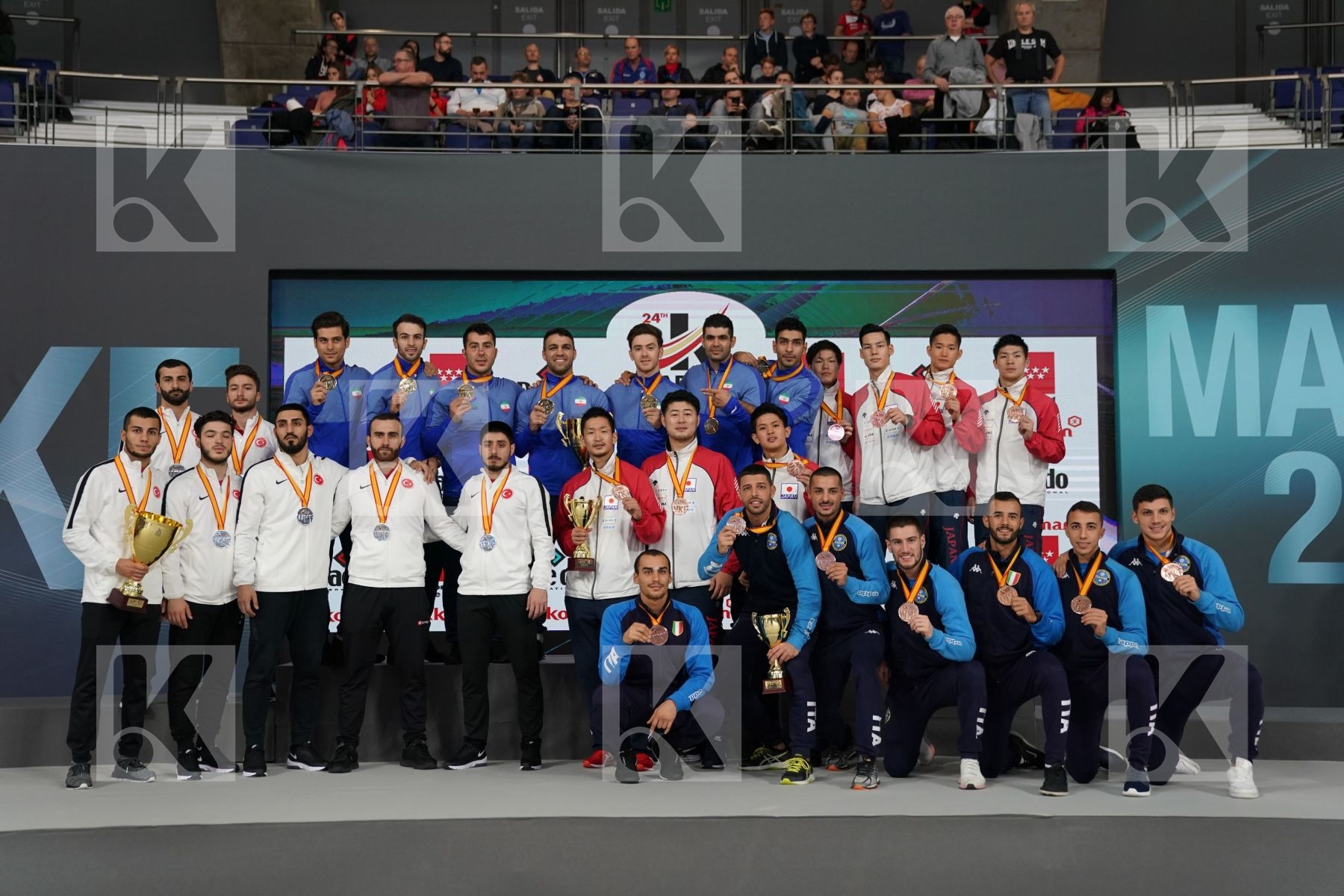 TURKEY (AKTAS, ELTEMUR, GOK, KAPTAN, OZER, UYGUR, YAMANOGLU), IRAN (ABAZARI, ASGARI GHONCHEH, ASIABARI, GANJZADEH, HEYDARI, KHODABAKHSHI, POORSHAB), JAPAN (ANDO, ARAGA, KAGAWA, MORI, NISHIMURA, SAKIYAMA, SHIMADA), ITALY (EL SHARABY, JENDOUBI, MAESTRI, MARESCA, MARINO, MARTINA, MINARDI) in Senior Team Male Kumite - Podium ceremony