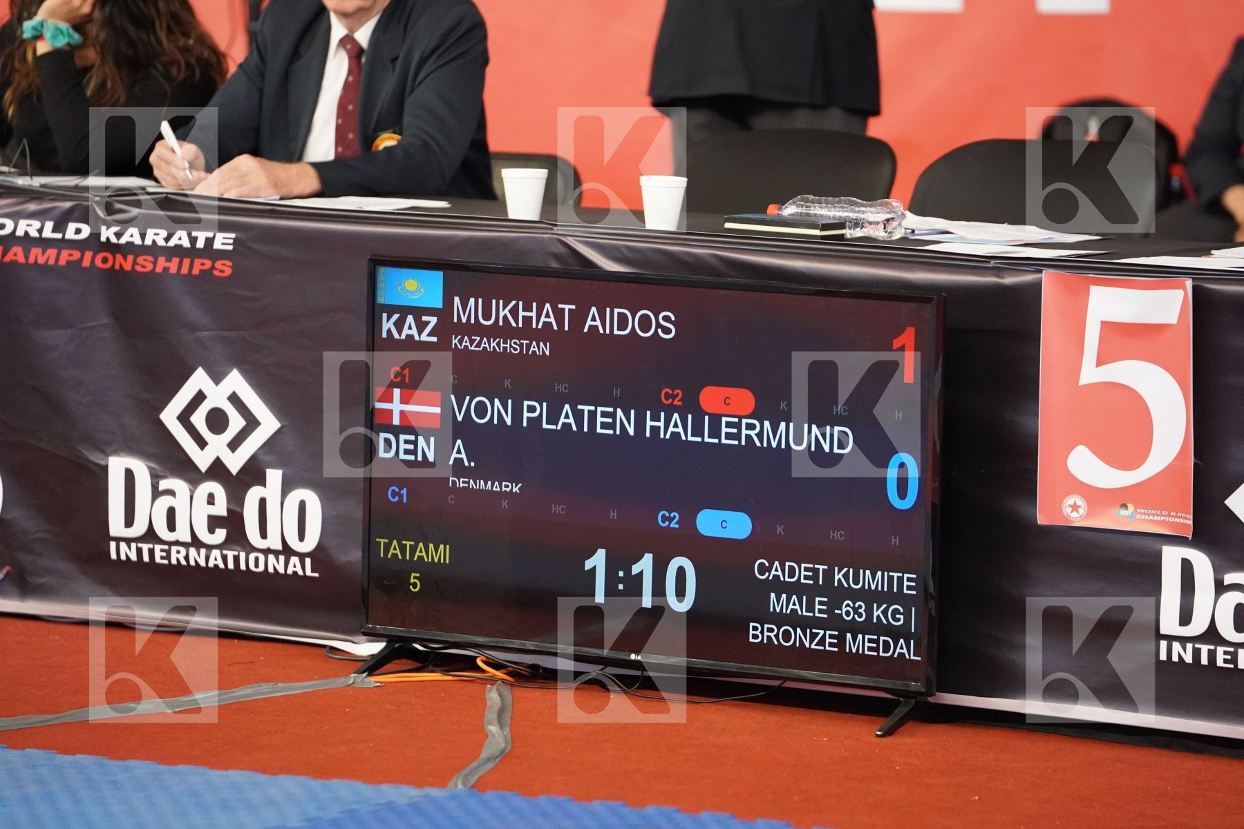 MUKHAT AIDOS (KAZAKHSTAN) vs VON PLATEN HALLERMUND AUGUST (DENMARK) in Cadet Kumite Male -63 Kg - Bronze bout