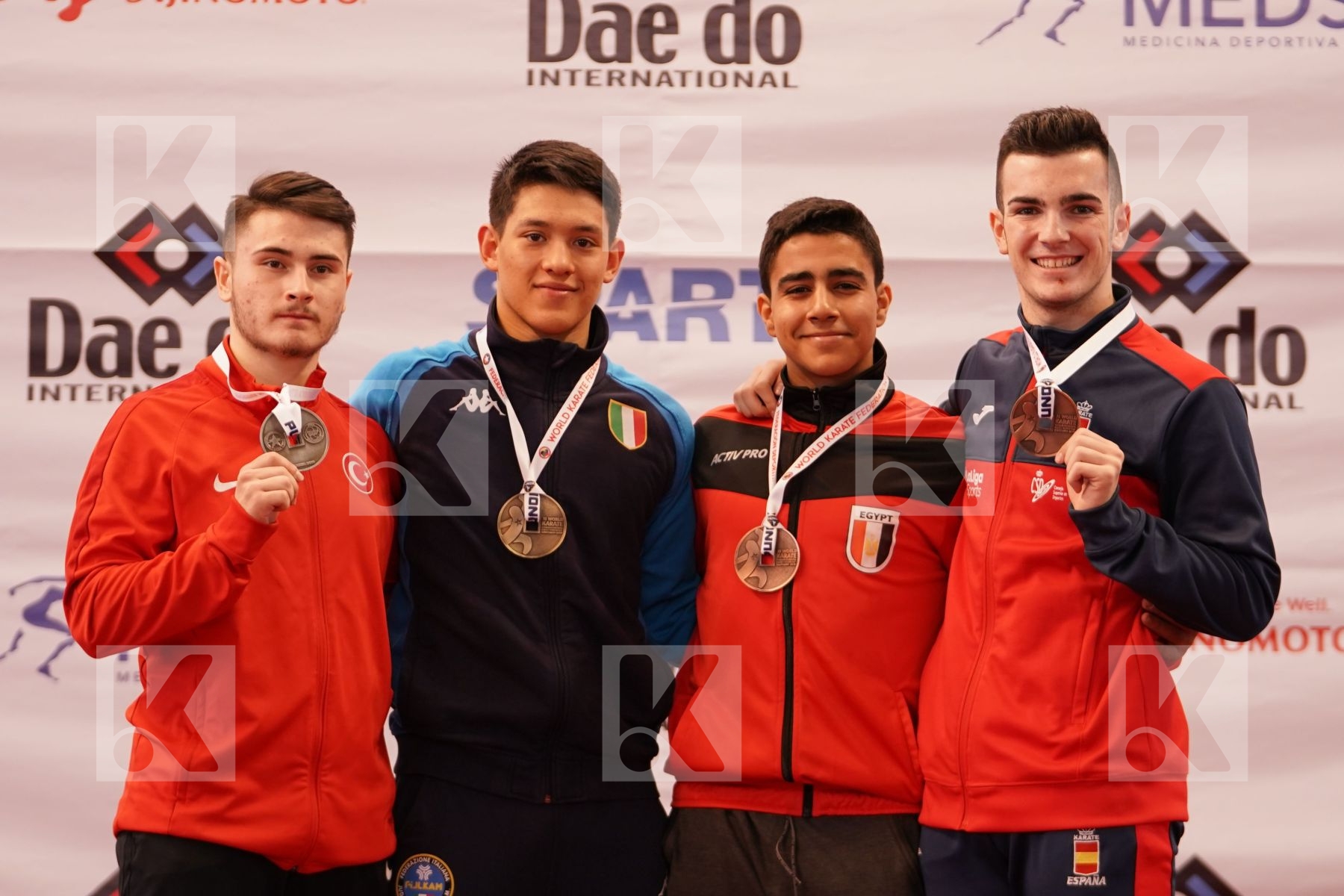 GHINAMI ALESSIO (ITALY), OZDEMIR ENES (TURKEY), GHALY KARIM WALEED (EGYPT), GARCIA CUADRADO OSCAR (SPAIN) in Junior Kata Male - Podium ceremony