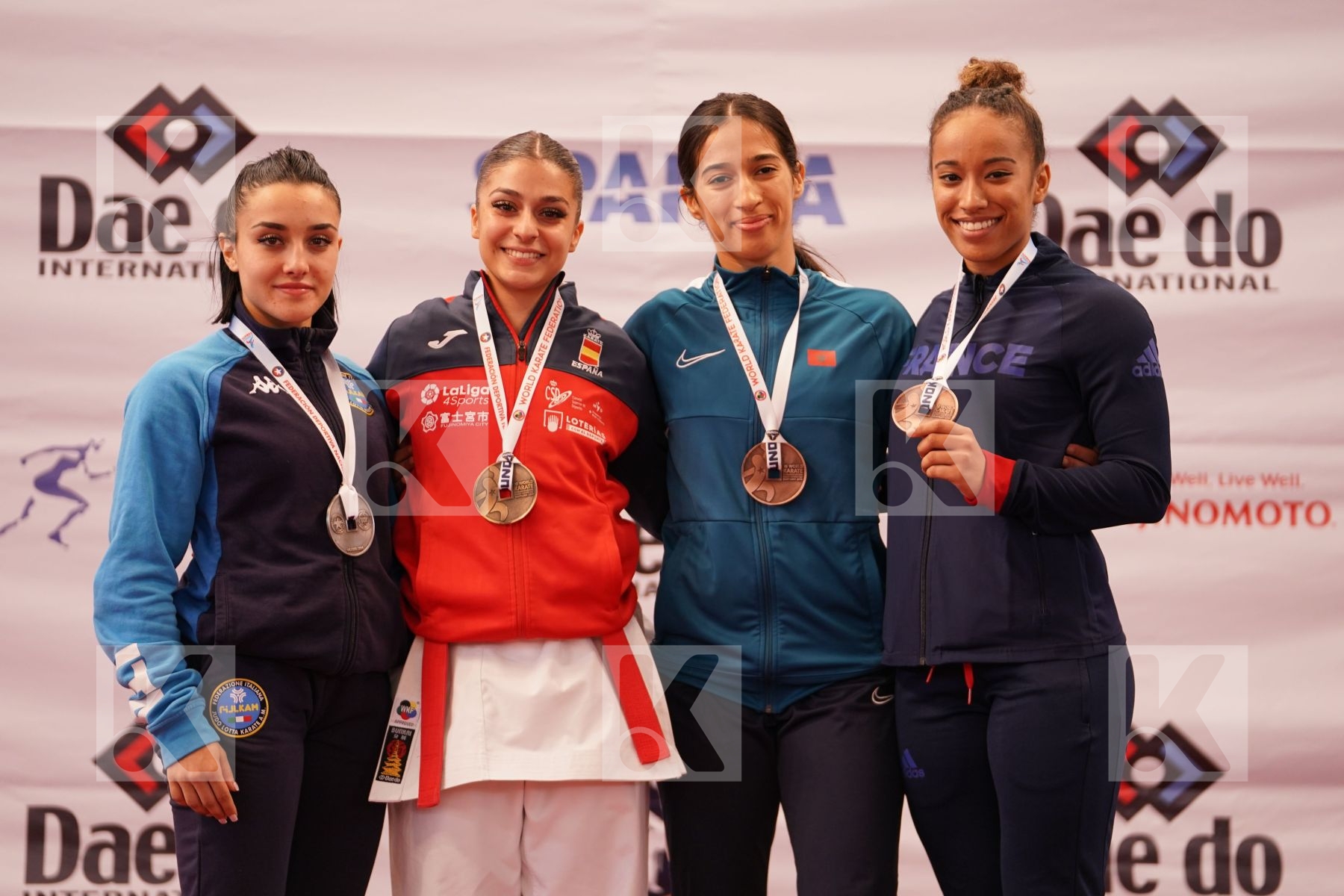 GARCIA LOZANO MARTA (SPAIN), CASALE CAROLA (ITALY), EN-NESYRY AYA (MOROCCO), TAILY HELVETIA (FRANCE) in Under 21 Kata Female - Podium ceremony