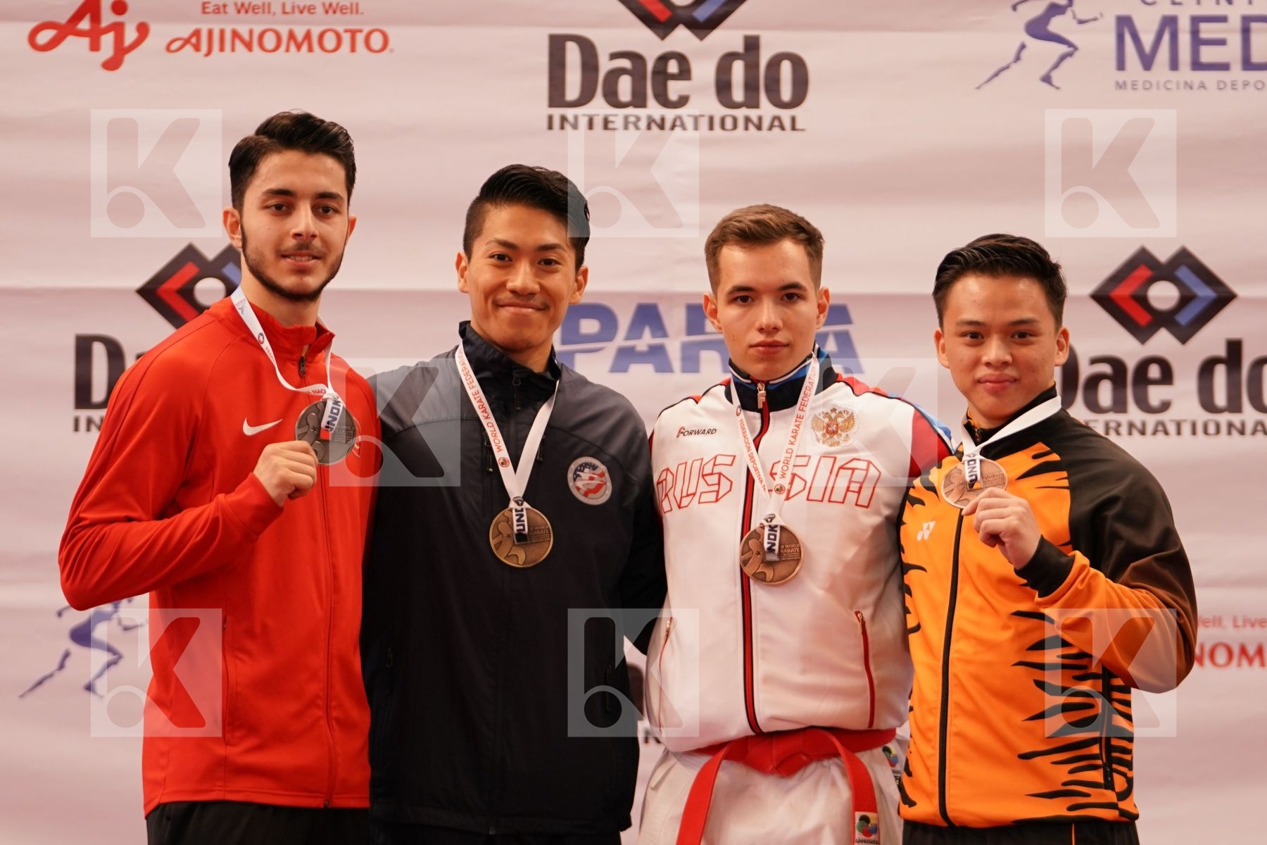 CHINEN REY (UNITED STATES), DURAN KUTLUHAN (TURKEY), SUTIAGIN KONSTANTIN (RUSSIAN FEDERATION), SAN HONG OOI (MALAYSIA) in Under 21 Kata Male - Podium ceremony