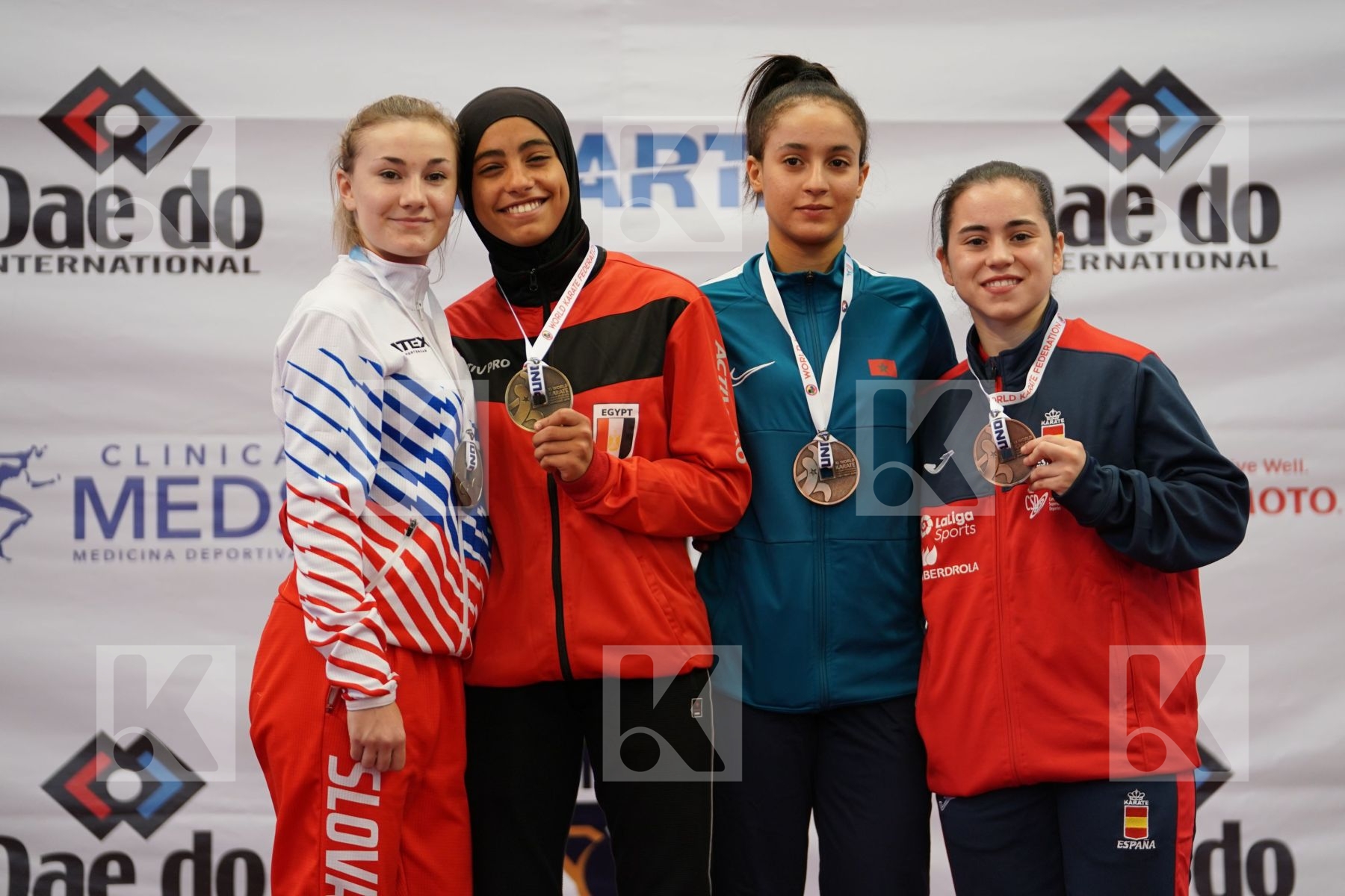 HASSAN BASMALA (EGYPT), VLASAKOVA ADELA (SLOVAKIA), LOBATO SANCHEZ IONA (SPAIN), BENCHBAB SAWSANE (MOROCCO) in Cadet Kumite Female -54 Kg - Podium ceremony