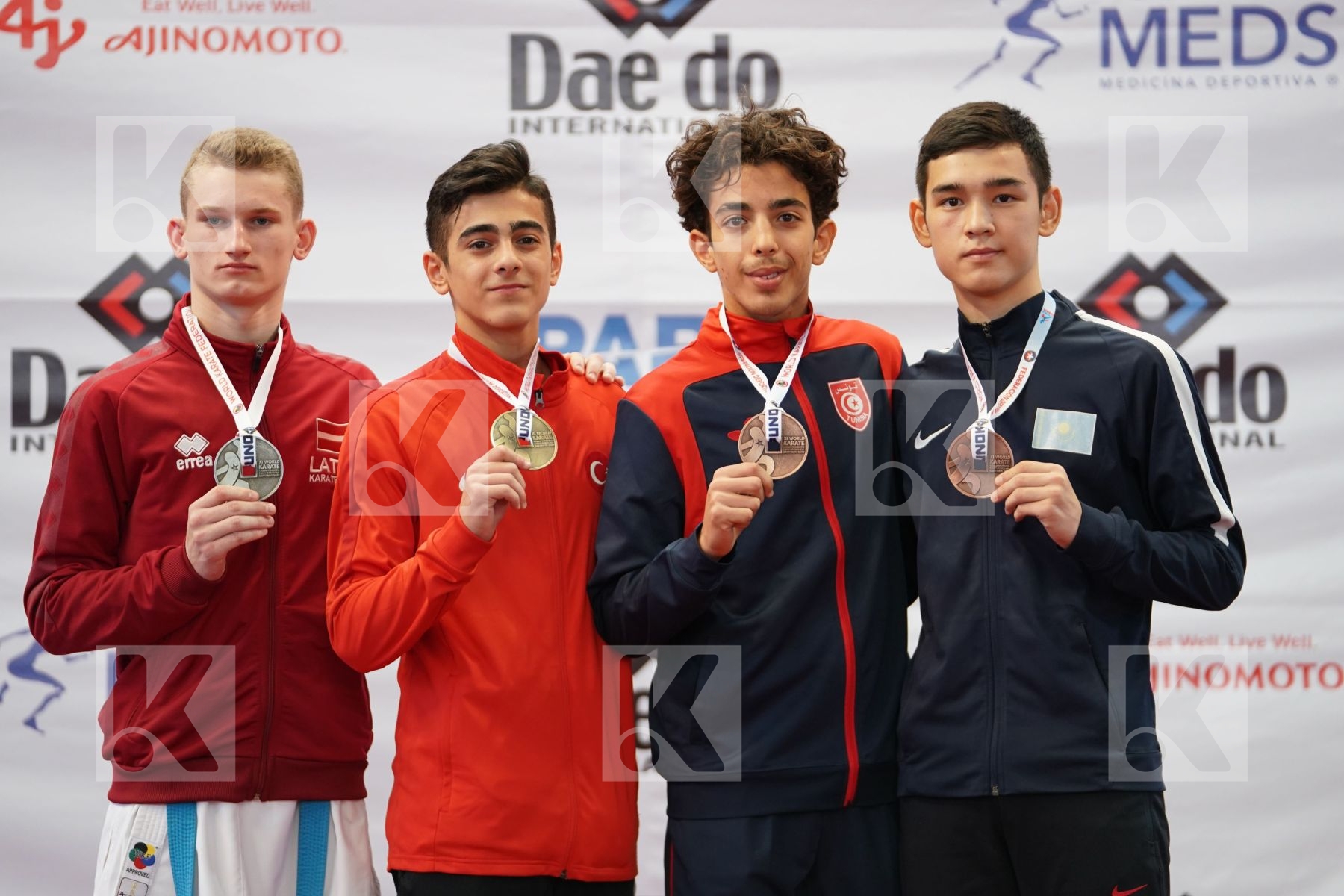 YURUR OMER FARUK (TURKEY), STEPANOVS ARTURS (LATVIA), TLILI AHMED RAYANE (TUNISIA), MUKHAT AIDOS (KAZAKHSTAN) in Cadet Kumite Male -63 Kg - Podium ceremony