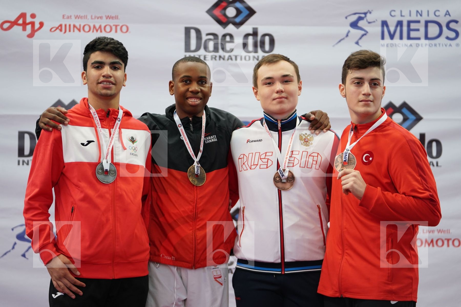 SMALL ETHAN (CANADA), SHAMOUN IBRAHIM (JORDAN), GENC KADIR FURKAN (TURKEY), KOKOVUROV KONSTANTIN (RUSSIAN FEDERATION) in Cadet Kumite Male 70+ Kg - Podium ceremony
