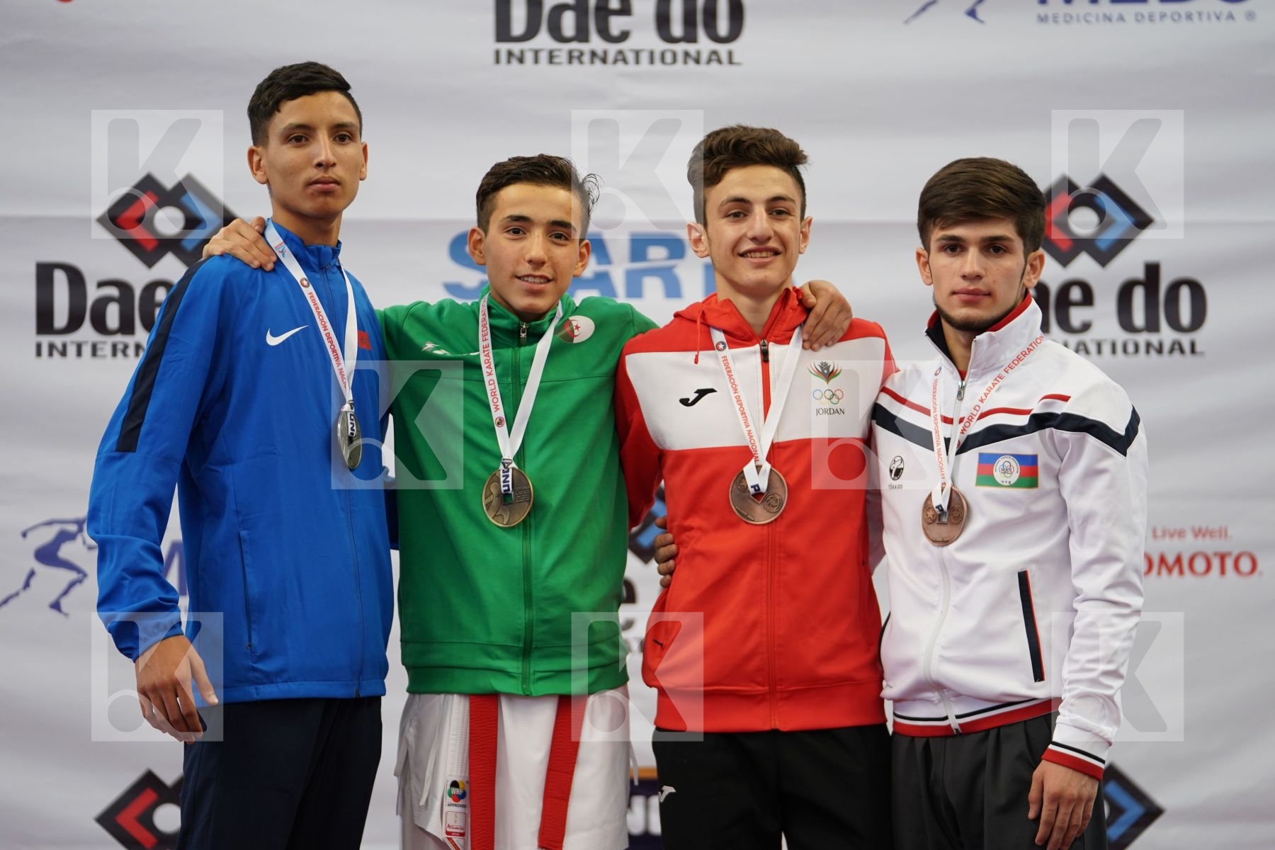 HELASSA AYOUB ANIS (ALGERIA), JINA ABDEL ALI (MOROCCO), GHAITH AFEEF (JORDAN), HUSEYNOV SULTAN (AZERBAIJAN) in Junior Kumite Male -55 Kg - Podium ceremony