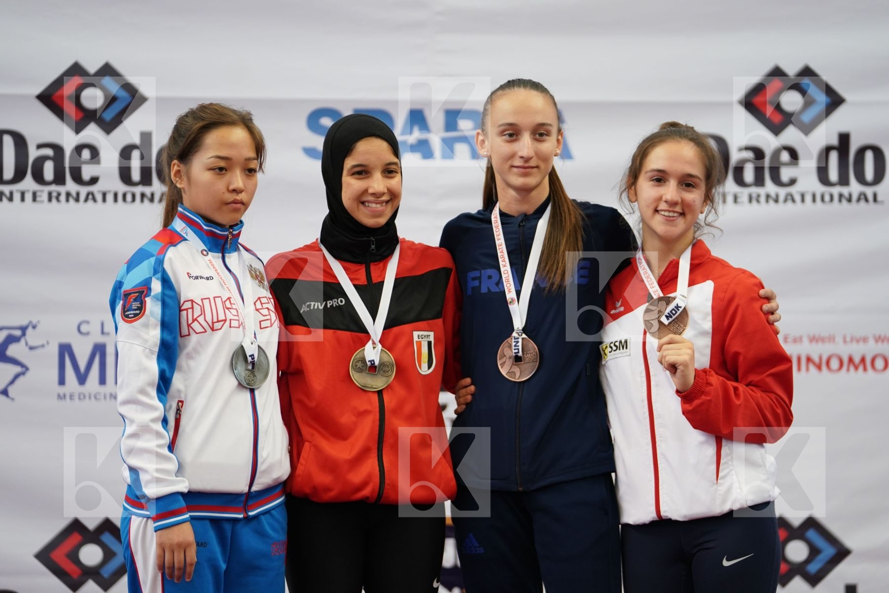 ELGEWILY YASMIN NASR (EGYPT), GRIGOREVA ELIZAVETA (RUSSIAN FEDERATION), GRUJIC ALEKSANDRA (AUSTRIA), SOULIER MARGOT (FRANCE) in Junior Kumite Female -48 Kg - Podium ceremony