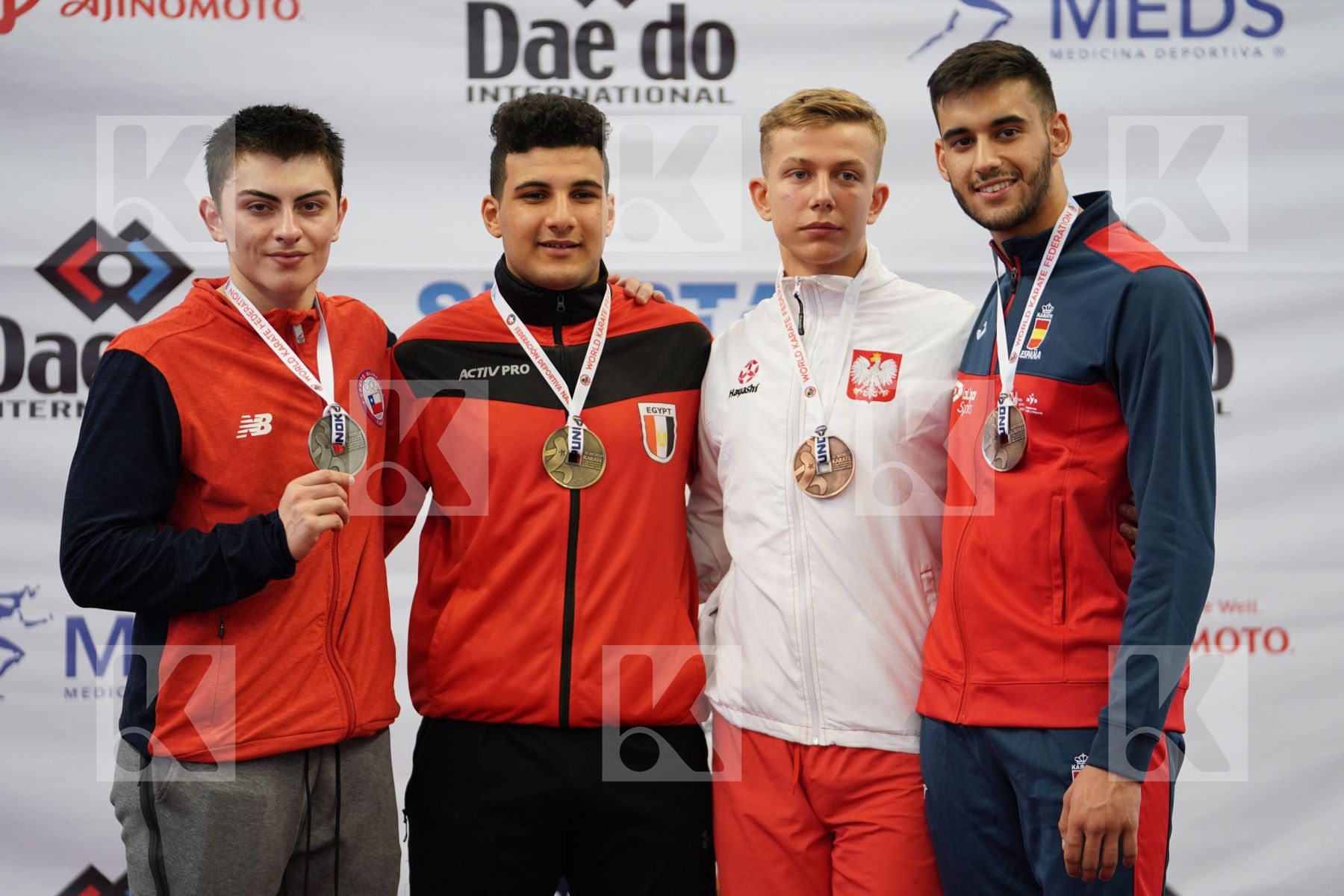MOHAMED HAZEM AHMED (EGYPT), NUNEZ BENJAMIN (CHILE), SOBKOWIAK DAWID (POLAND), ALVAREZ AVILES ANTONIO ANGEL (SPAIN) in Junior Kumite Male 76+ Kg - Podium ceremony
