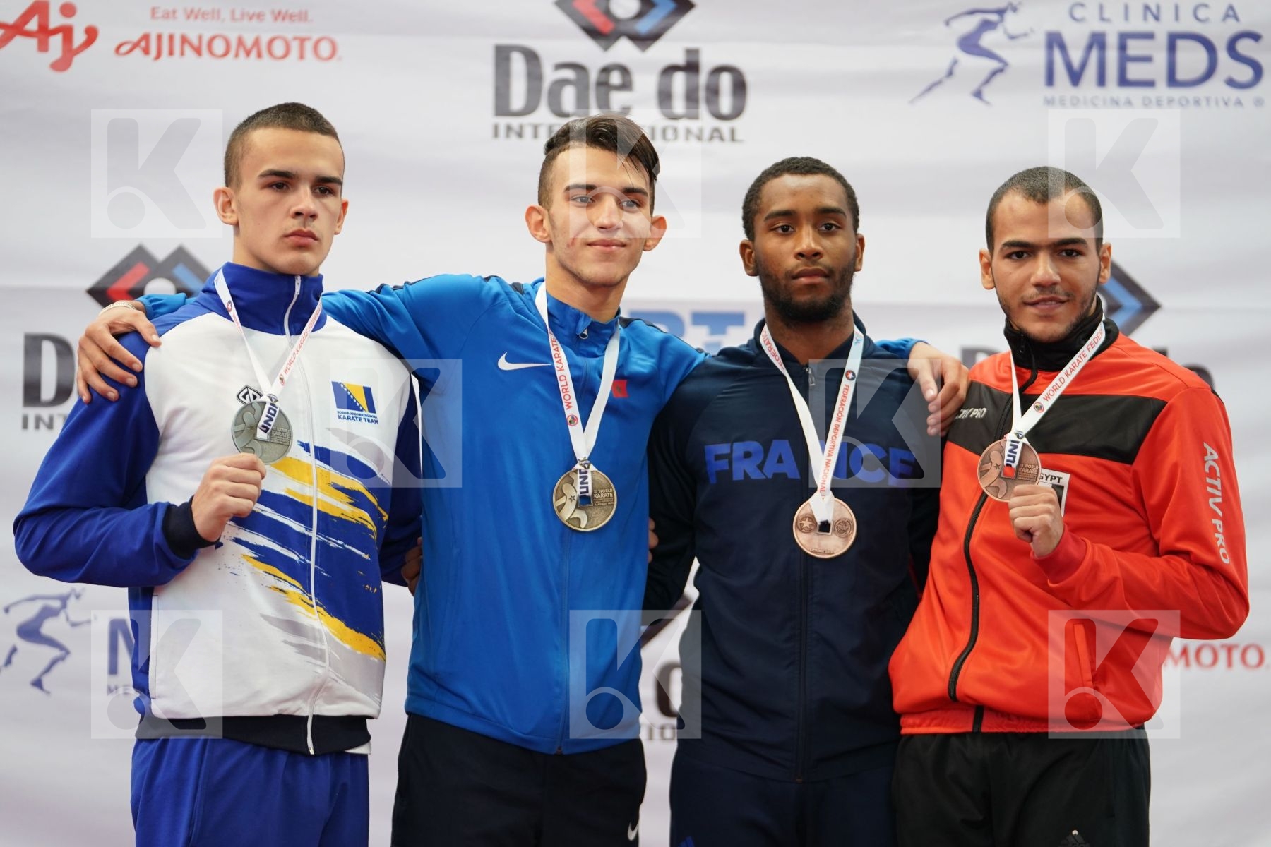 SEKOURI YASSINE (MOROCCO), TURULJA HAMZA (BOSNIA AND HERZEGOVINA), ABDELAZIZ ABDALLA MAMDUH (EGYPT), CIZO KILIAN (FRANCE) in Under 21 Kumite Male -75 Kg - Podium ceremony