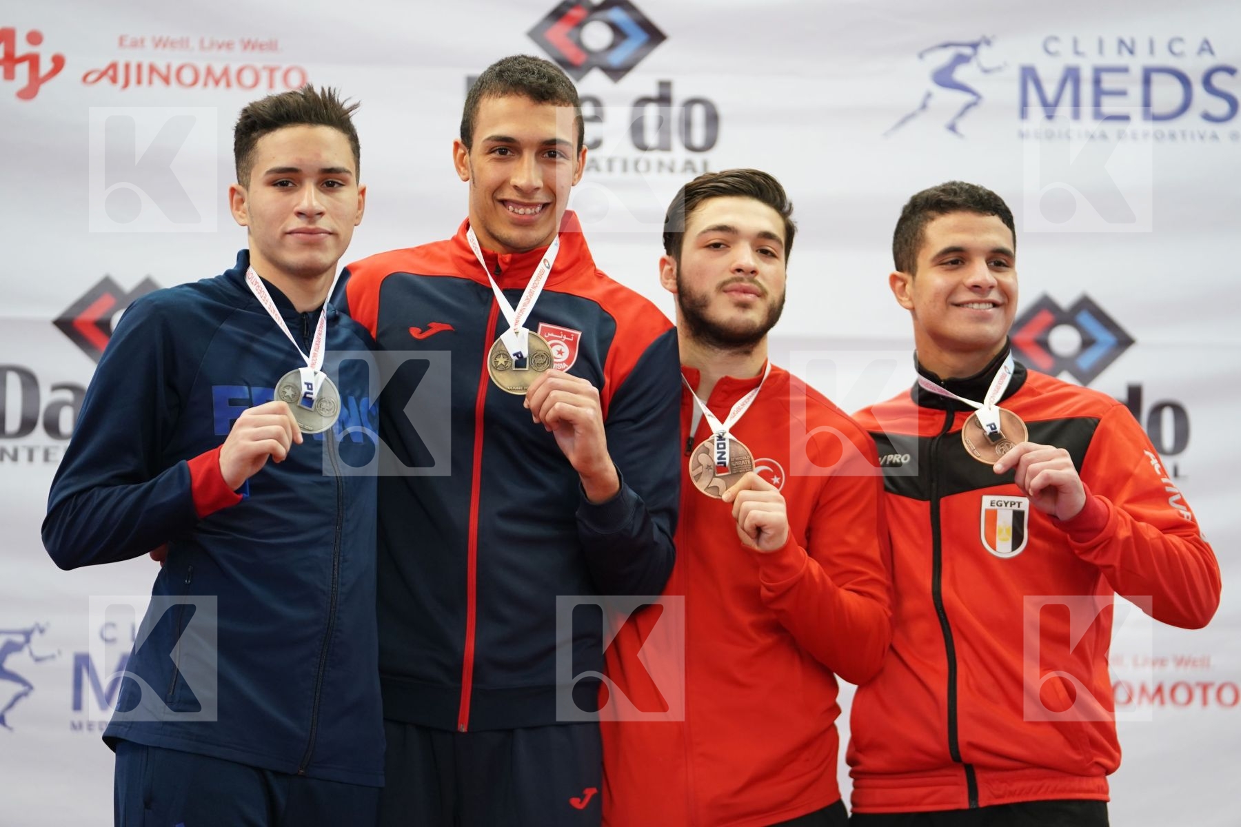 SLIMANI THAMEUR (TUNISIA), ABDESSELEM RAYBAK (FRANCE), GOK SAMED (TURKEY), BADAWY YOUSSEF (EGYPT) in Under 21 Kumite Male -84 Kg - Podium ceremony