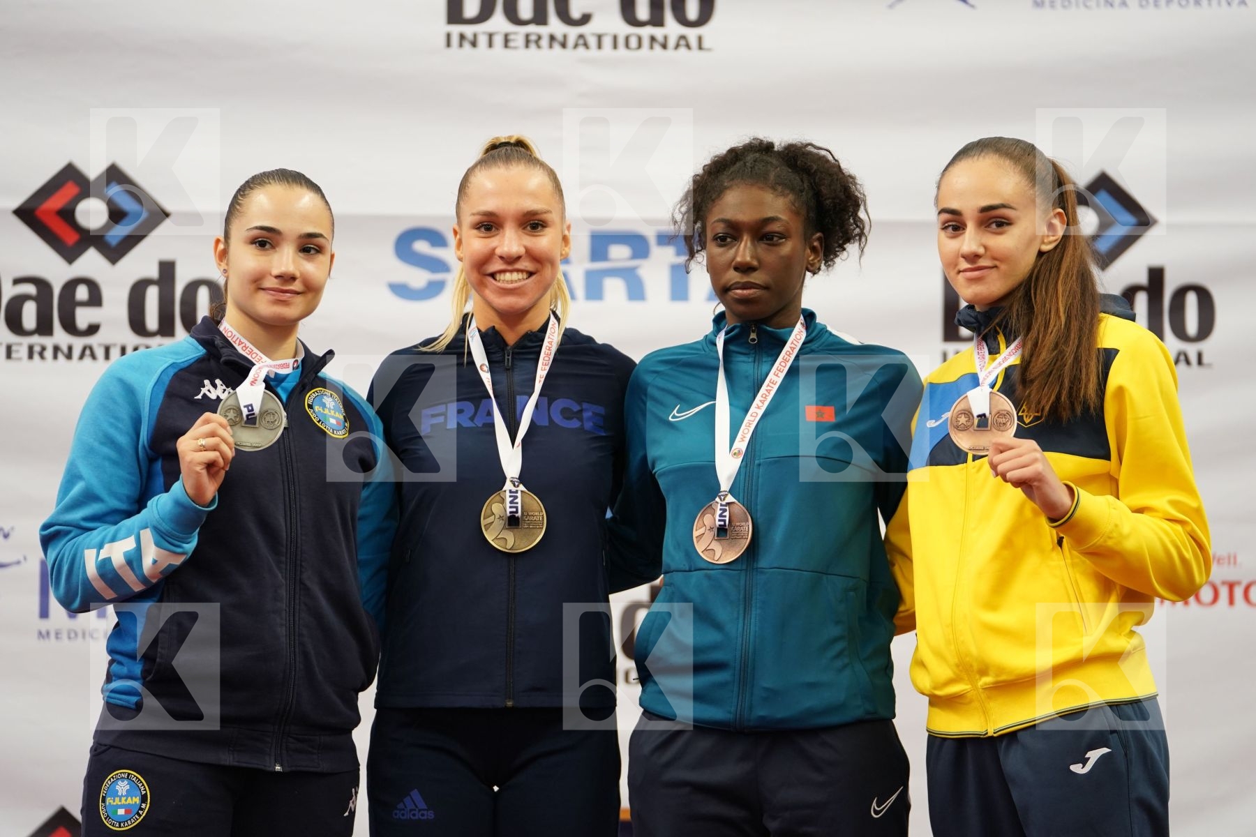 PHILIPPE GWENDOLINE (FRANCE), MANGIACAPRA ALESSANDRA (ITALY), CHAJAI FATIMA-ZAHRA (MOROCCO), SHOSTAK DIANA (UKRAINE) in Under 21 Kumite Female -61 Kg - Podium ceremony